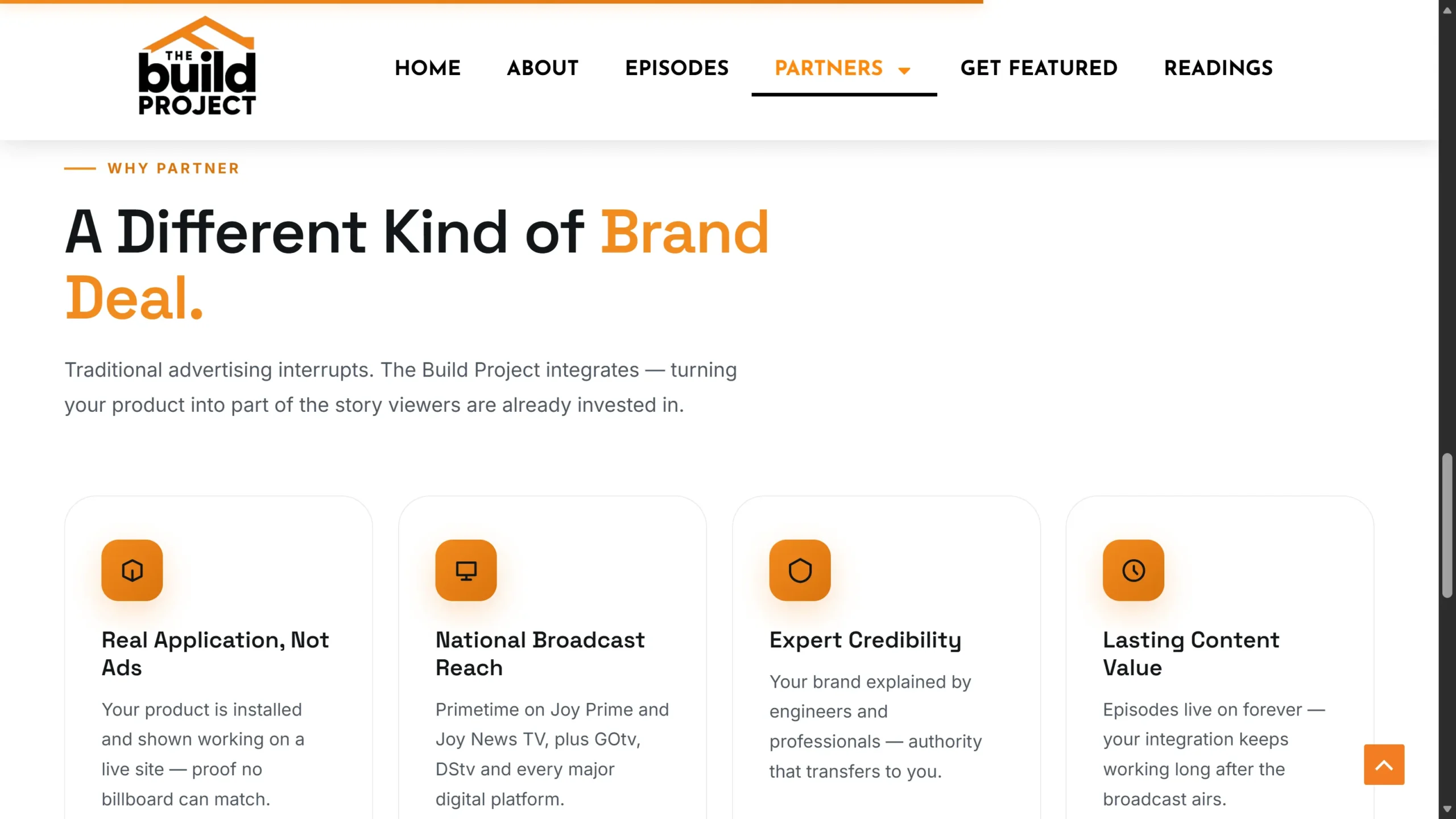 Sponsor brand page for The Build Project